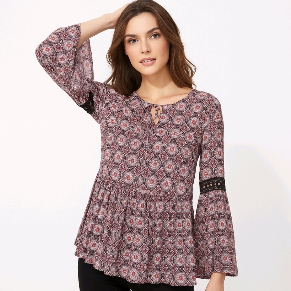 Max Jeans Top Multicolor Geometric Long Bell Sleeve Crochet Trim BOHO Si…